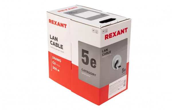 01-0045 Кабель витая пара U/UTP, CAT 5e, PE, 4PR, 24AWG, OUTDOOR, SOLID, черный, 305м, REXANT