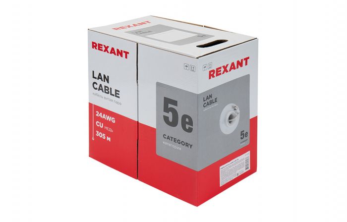 01-0023 Кабель витая пара REXANT UTP 2PR 24AWG, CAT5e, бухта 305 м, серый