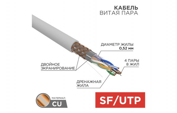 01-0342 Кабель витая пара REXANT SFTP 4PR 24AWG, CAT5e, бухта 305 м