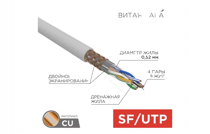 01-0342 Кабель витая пара REXANT SFTP 4PR 24AWG, CAT5e, бухта 305 м
