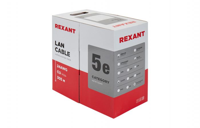 01-0049 Кабель витая пара REXANT UTP 4PR 24AWG, CAT5e, нг(А)-HF, LSZH (бухта 305 м)