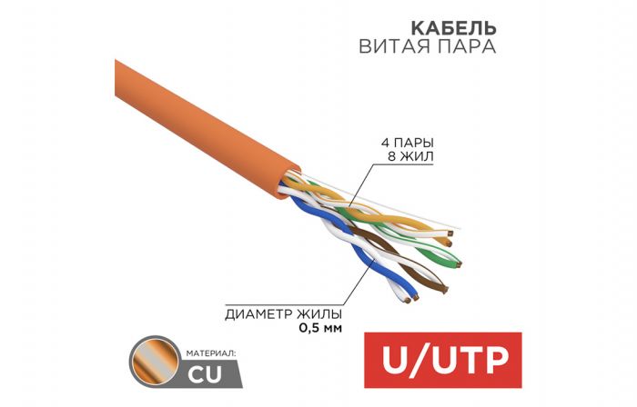 01-0049 Кабель витая пара REXANT UTP 4PR 24AWG, CAT5e, нг(А)-HF, LSZH (бухта 305 м)