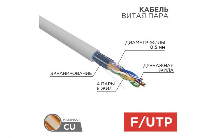 01-0143 Кабель витая пара REXANT FTP 4PR 24AWG, CAT5e (бухта 305 м)