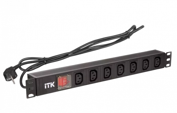PH12-7C131 ITK PDU 7 розеток C13 с LED выкл,1U, шнур 2м вилка нем.ст