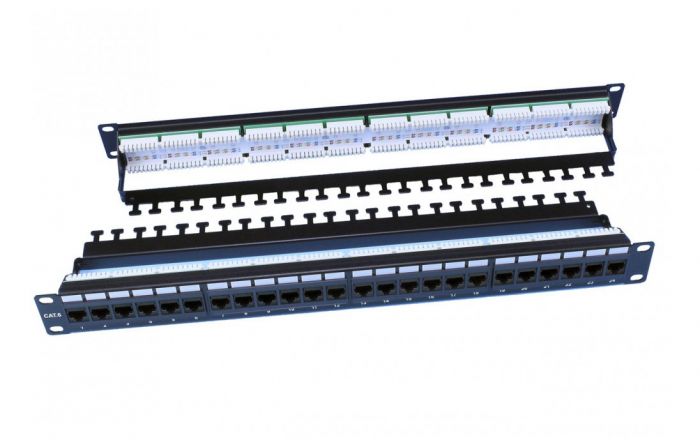 246107 Hyperline PP3-19-24-8P8C-C6-110D Патч-панель 19", 1U, 24 порта RJ-45, категория 6, Dual IDC, ROHS, цвет черный (задний кабельный организатор в