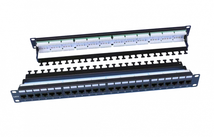 246107 Hyperline PP3-19-24-8P8C-C6-110D Патч-панель 19", 1U, 24 порта RJ-45, категория 6, Dual IDC, ROHS, цвет черный (задний кабельный организатор в