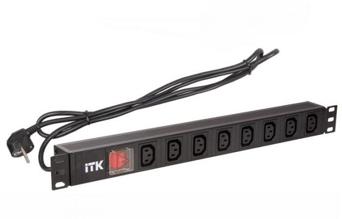 PH12-8C131 ITK PDU 8 розеток C13 с LED выкл,1U, шнур 2м вилка нем.ст