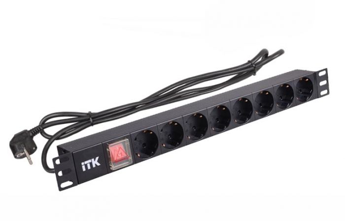 PH12-8D1-P ITK PDU 8 роз. нем.ст. с выкл 1U каб.2м вилка нем.ст ПВХ чер