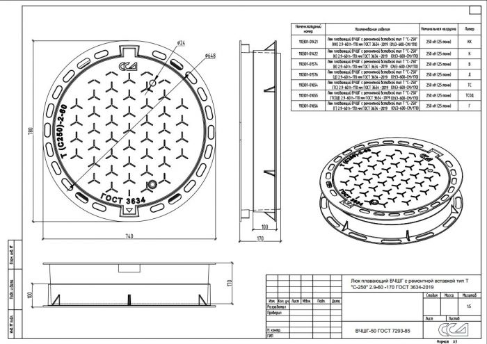 Люк плавающий ВЧШГ с ремонтной вставкой тип Т "С-250" (Г) 2.9-60 h-170 мм ГОСТ 3634-2019 (ОУЭ-600-СМ/170)