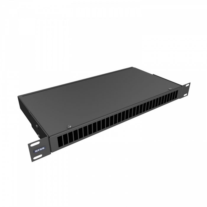 Кросс NTSS оптический 19'' укомплектованный 1U, 32 порта SC/APC duplex, 9/125 мкм (сплошная панель, сплайс-кассета 2шт, пигтейлы, КДЗС, адаптеры) черный RAL 9005
