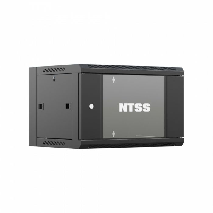 Шкаф настенный телекоммуникационный NTSS W 9U 600х450х500мм, 2 профиля 19, дверь стеклянная, боковые стенки съемные, задняя стенка, разобранный, черный RAL 9005