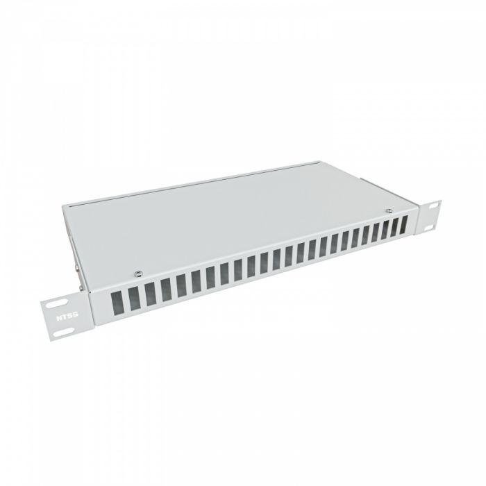 Кросс NTSS оптический 19'' укомплектованный 1U, 24 порта SC/UPC duplex, 50/125 мкм (сплошная панель, сплайс-кассета 2шт, пигтейлы, КДЗС, адаптеры) серый RAL 7035