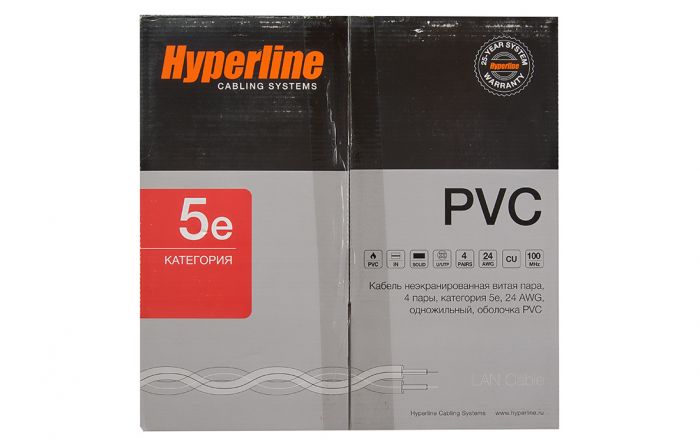 41903 Hyperline UUTP4-C5E-S24-IN-PVC-GY-305 (305 м) Кабель витая пара, неэкранированная U/UTP, категория 5e, 4 пары (24 AWG), одножильный (solid), PVC