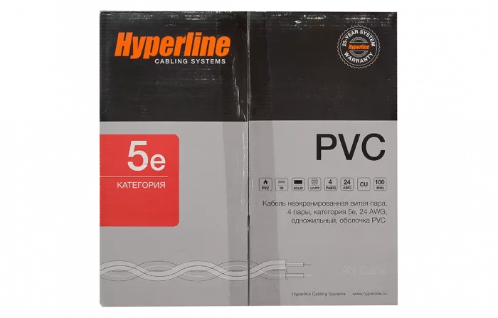 41903 Hyperline UUTP4-C5E-S24-IN-PVC-GY-305 (305 м) Кабель витая пара, неэкранированная U/UTP, категория 5e, 4 пары (24 AWG), одножильный (solid), PVC