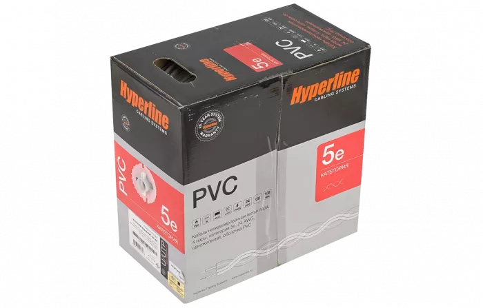 41903 Hyperline UUTP4-C5E-S24-IN-PVC-GY-305 (305 м) Кабель витая пара, неэкранированная U/UTP, категория 5e, 4 пары (24 AWG), одножильный (solid), PVC
