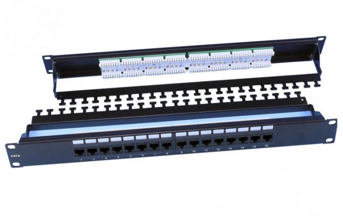 246105 Hyperline PP3-19-16-8P8C-C6-110D Патч-панель 19", 1U, 16 портов RJ-45, категория 6, Dual IDC, ROHS, цвет черный (задний кабельный организатор в