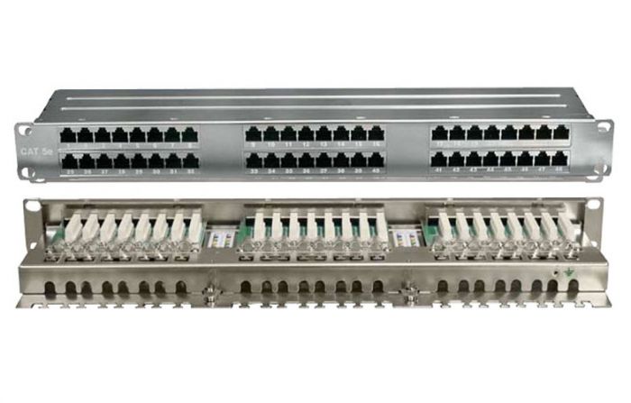 420641 Hyperline PPHD-19-48-8P8C-C5E-SH-110D Патч-панель высокой плотности 19", 1U, 48 портов RJ-45, полный экран, категория 5E, Dual IDC