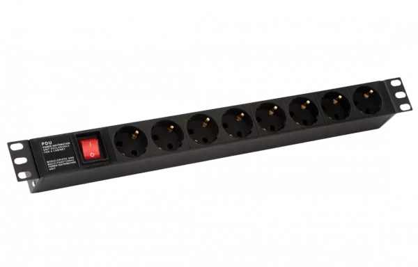 255002 Hyperline SHE19-8SH-S-IEC Блок розеток для 19" шкафов, горизонтальный, с выключателем с подсветкой, 8 розеток Schuko (10А), 250В, без кабеля пи