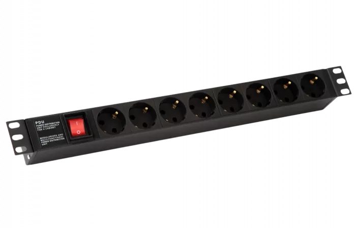 255002 Hyperline SHE19-8SH-S-IEC Блок розеток для 19" шкафов, горизонтальный, с выключателем с подсветкой, 8 розеток Schuko (10А), 250В, без кабеля пи