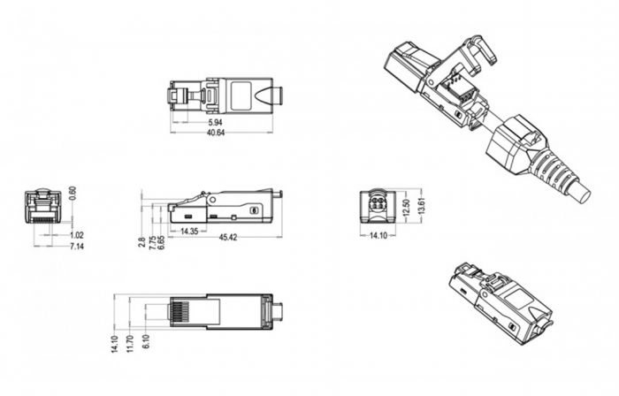 427433 Hyperline PLUD-8P8C-S-C6-VL Разъем RJ-45 (8P8C) под витую пару, полевая заделка, категория 6, неэкранированный, для одножильного кабеля, зажимн