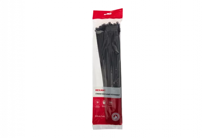 07-0351 Хомут-стяжка кабельная нейлоновая REXANT 350 x4,8 мм, черная, упаковка 100 шт.