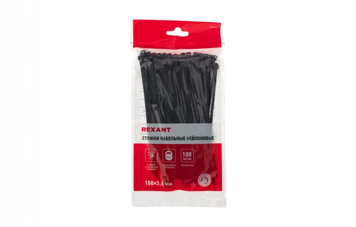 07-0151-4 Хомут-стяжка кабельная нейлоновая REXANT 150 x3,6 мм, черная, упаковка 100 шт.