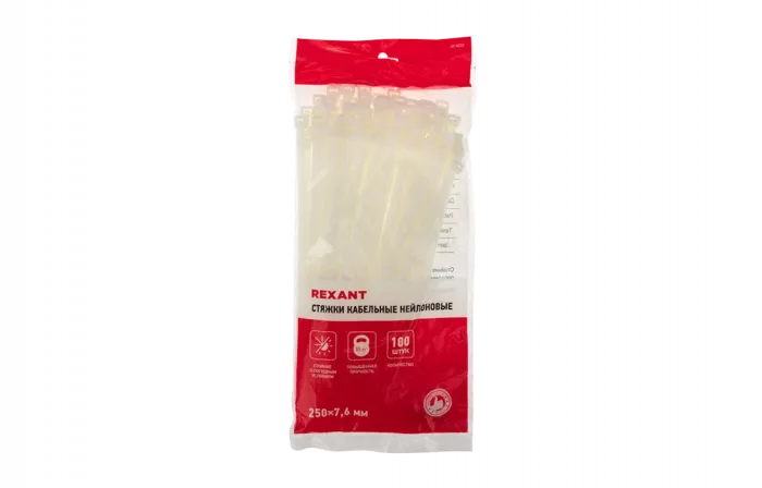 07-0252 Хомут-стяжка кабельная нейлоновая REXANT 250 x7,6 мм, белая, упаковка 100 шт.