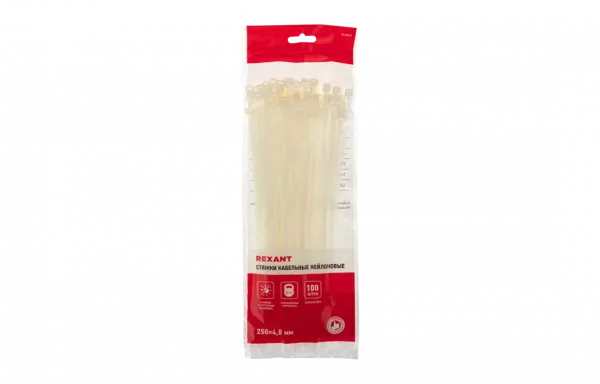 07-0250-5 Хомут-стяжка кабельная нейлоновая REXANT 250 x4,8 мм, белая, упаковка 100 шт.