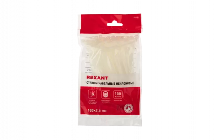 07-0100-4 Хомут-стяжка кабельная нейлоновая REXANT 100 x3,6 мм, белая, упаковка 100 шт.