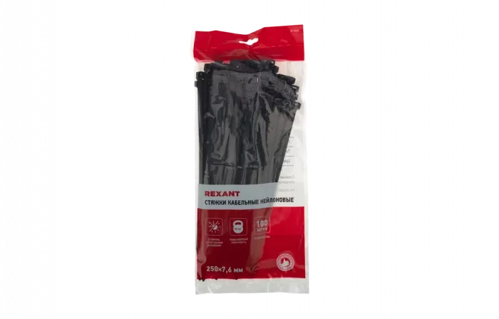 07-0253 Хомут-стяжка кабельная нейлоновая REXANT 250 x7,6 мм, черная, упаковка 100 шт.