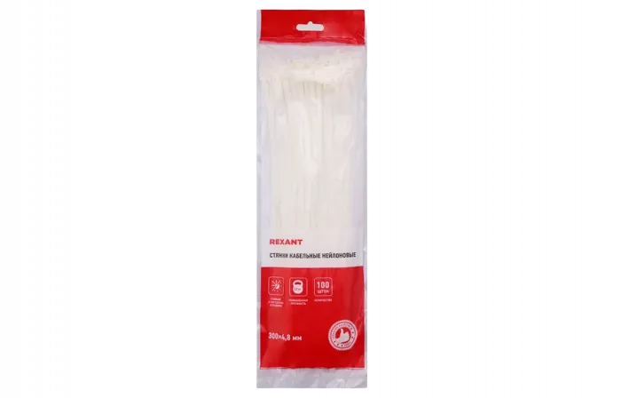 07-1302 Хомут-стяжка кабельная нейлоновая REXANT 300 x4,8 мм, белая, упаковка 100 шт.