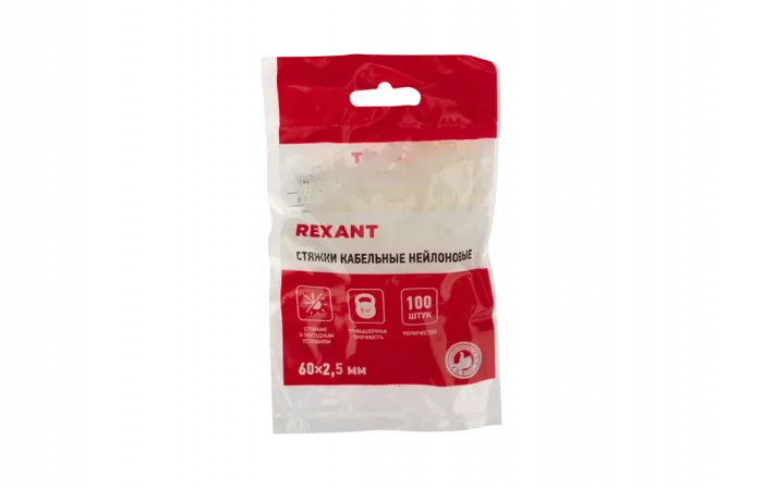 07-0060 Хомут-стяжка кабельная нейлоновая REXANT 60 x2,5 мм, белая, упаковка 100 шт.