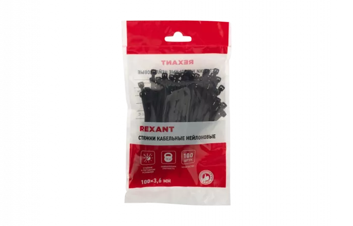07-0101-4 Хомут-стяжка кабельная нейлоновая REXANT 100 x3,6 мм, черная, упаковка 100 шт.