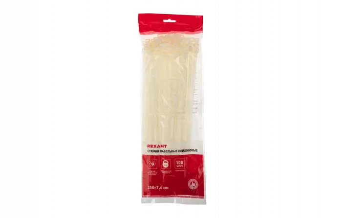 07-0352 Хомут-стяжка кабельная нейлоновая REXANT 350 x7,6 мм, белая, упаковка 100 шт.