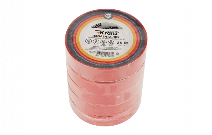 KR-09-2204 Изолента ПВХ KRANZ 19 мм х 25 м, красная, упаковка 5 роликов