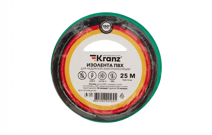 KR-09-2103 Изолента ПВХ KRANZ 15 мм х 25 м, зеленая, упаковка 5 роликов
