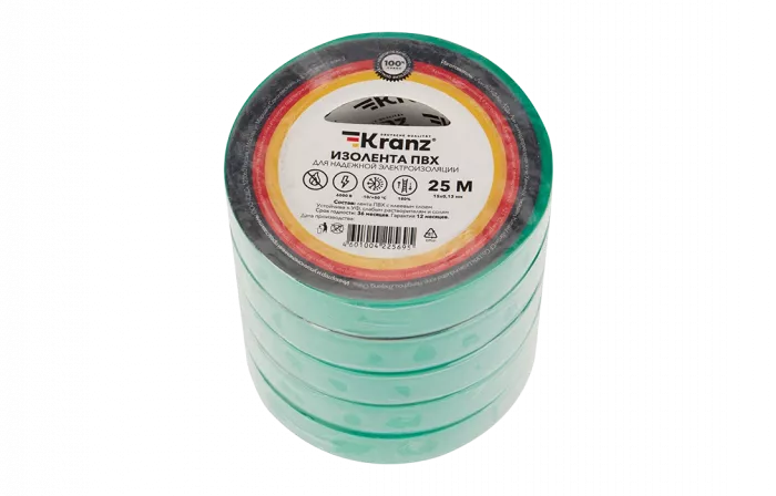 KR-09-2103 Изолента ПВХ KRANZ 15 мм х 25 м, зеленая, упаковка 5 роликов