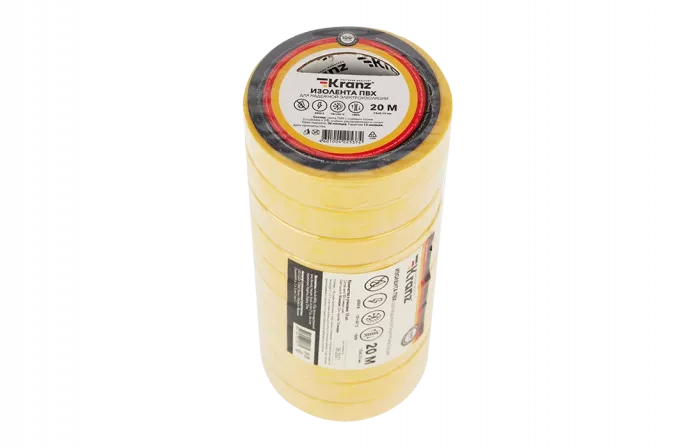 KR-09-2602 Изолента ПВХ KRANZ 15 мм х 20 м, желтая, упаковка 10 роликов