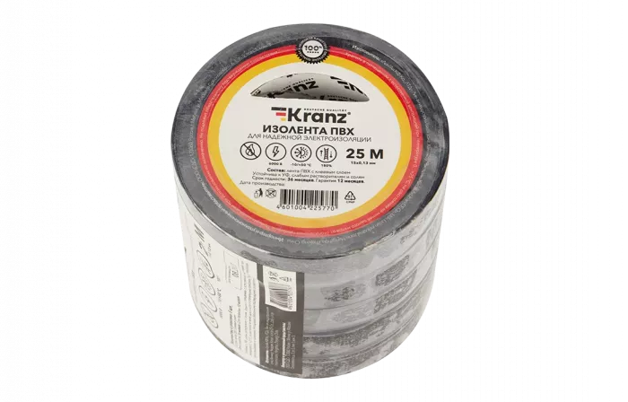 KR-09-2106 Изолента ПВХ KRANZ 15 мм х 25 м, черная, упаковка 5 роликов