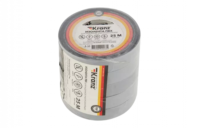 KR-09-2108 Изолента ПВХ KRANZ 15 мм х 25 м, серая, упаковка 5 роликов