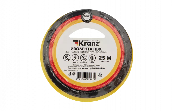 KR-09-2107 Изолента ПВХ KRANZ 15 мм х 25 м, желто-зеленая, упаковка 5 роликов