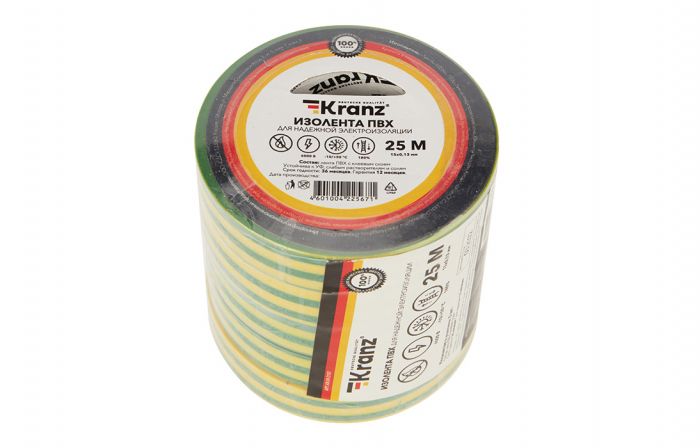 KR-09-2107 Изолента ПВХ KRANZ 15 мм х 25 м, желто-зеленая, упаковка 5 роликов