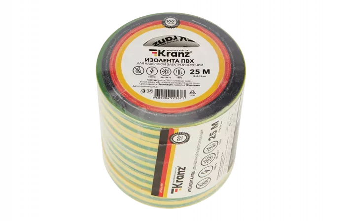 KR-09-2107 Изолента ПВХ KRANZ 15 мм х 25 м, желто-зеленая, упаковка 5 роликов