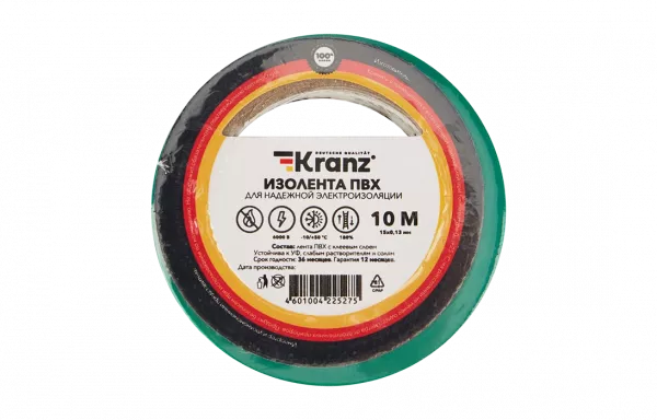 KR-09-2003 Изолента ПВХ KRANZ 15 мм х 10 м, зеленая, упаковка 10 роликов