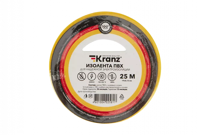 KR-09-2202 Изолента ПВХ KRANZ 19 мм х 25 м, желтая, упаковка 5 роликов