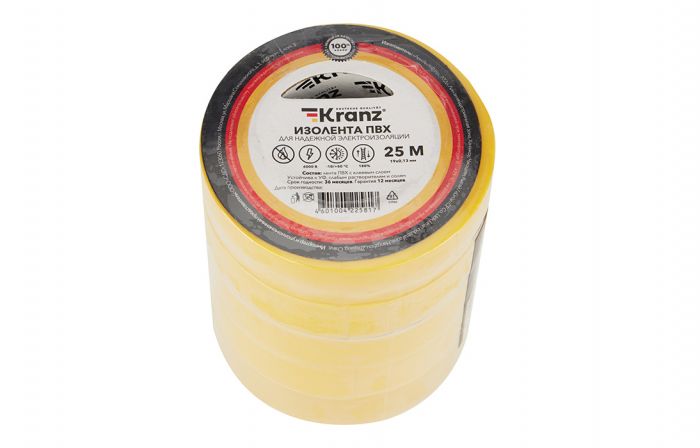 KR-09-2202 Изолента ПВХ KRANZ 19 мм х 25 м, желтая, упаковка 5 роликов