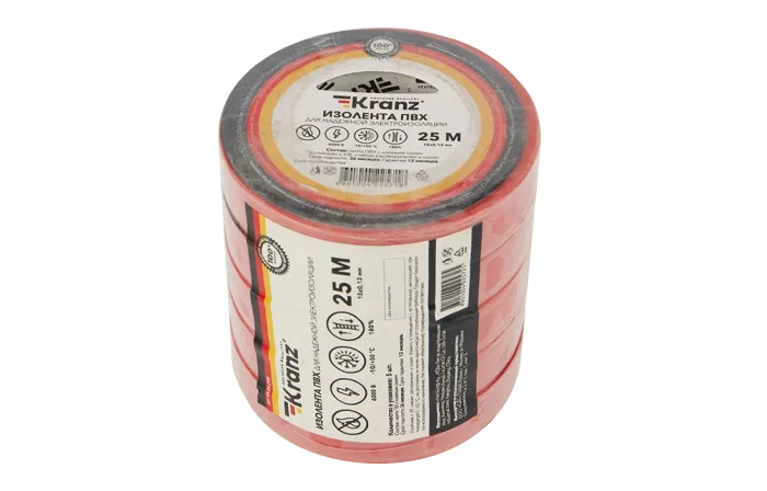 KR-09-2104 Изолента ПВХ KRANZ 15 мм х 25 м, красная, упаковка 5 роликов