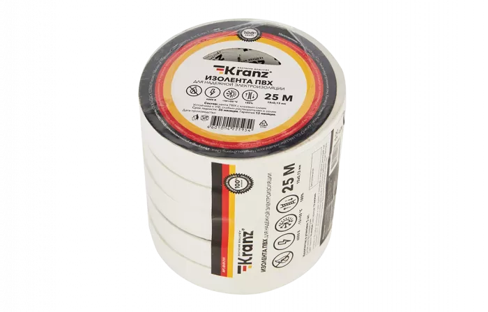 KR-09-2101 Изолента ПВХ KRANZ 15 мм х 25 м, белая, упаковка 5 роликов