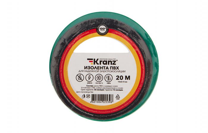 KR-09-2603 Изолента ПВХ KRANZ 15 мм х 20 м, зеленая, упаковка 10 роликов