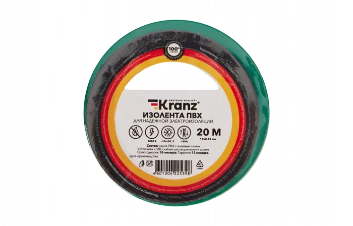 KR-09-2603 Изолента ПВХ KRANZ 15 мм х 20 м, зеленая, упаковка 10 роликов